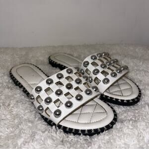 Two Lips Silver Studded Slip On Flat Sandals